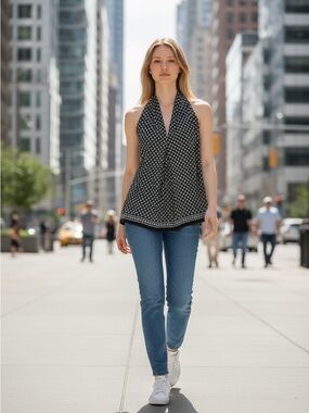 MAX STUDIO Sleeveless Halter Neck Blouse | Size Medium | Boho Chic Print Top